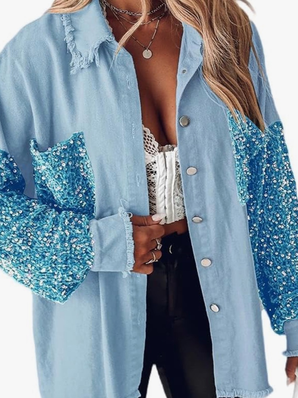 Chicme  Light Blue Button-Front Shirt with Sequin Sleeves NWT Size M